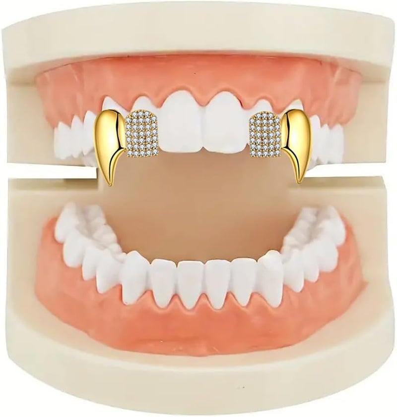 IS4U Gothic Vampire Diamond Grills Teeth Grillz Diamond Grills for Your Teeth 18k Gold Plated Double Tooth Grizz Caps Vampire Bat Fang Iced Out CZ Diamonds Grills Gothic Halloween Cosplay Party Jewelry for Men and Women - Image 3